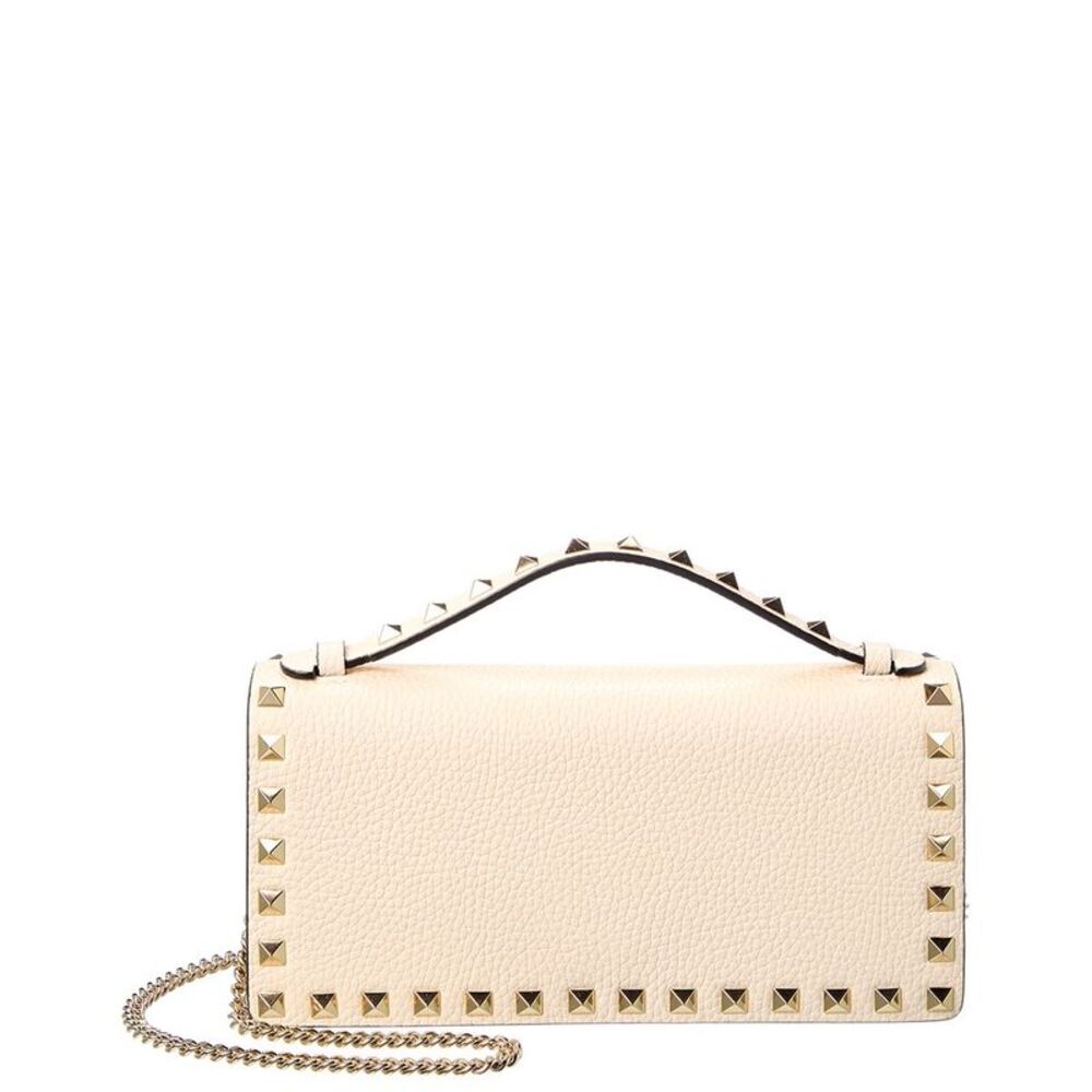 Valentino Rockstud Grainy Leather Wallet On Chain, White
